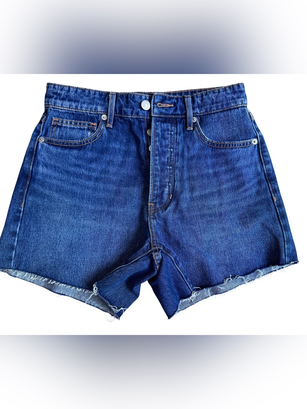 Veronica Beard Ellis Mid Rise Denim Shorts | Size 26 | Bright Blue | Raw Hem